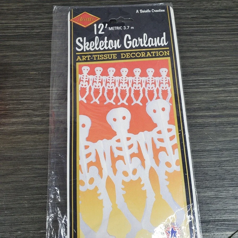 NOS Beistle Halloween Decoration Skeleton‎ Garland White Tissue 1991 11.5